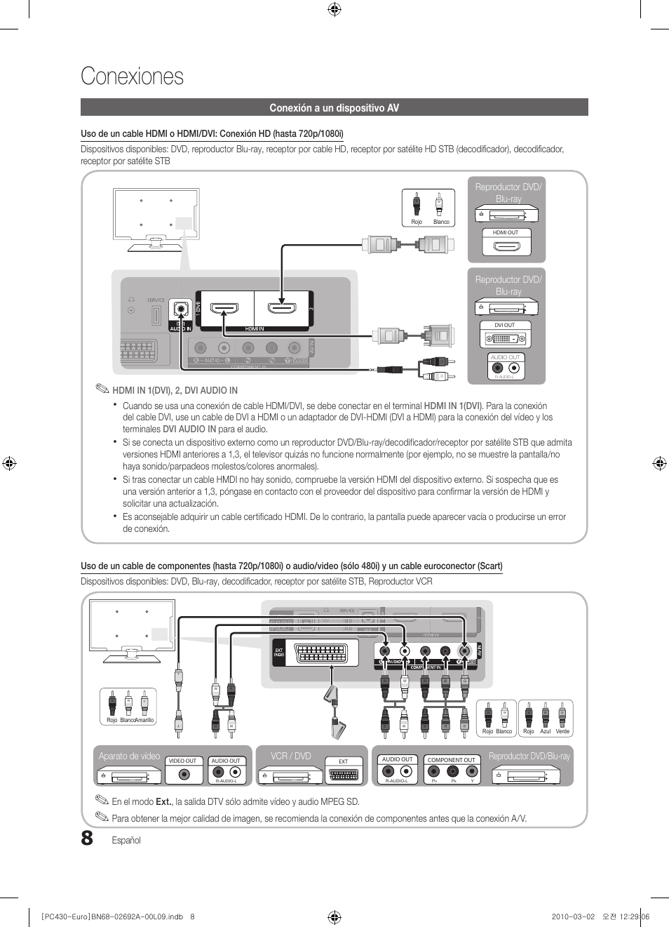 Conexiones, Conexión a un dispositivo av | Samsung PS50C430A1W User Manual | Page 208 / 361