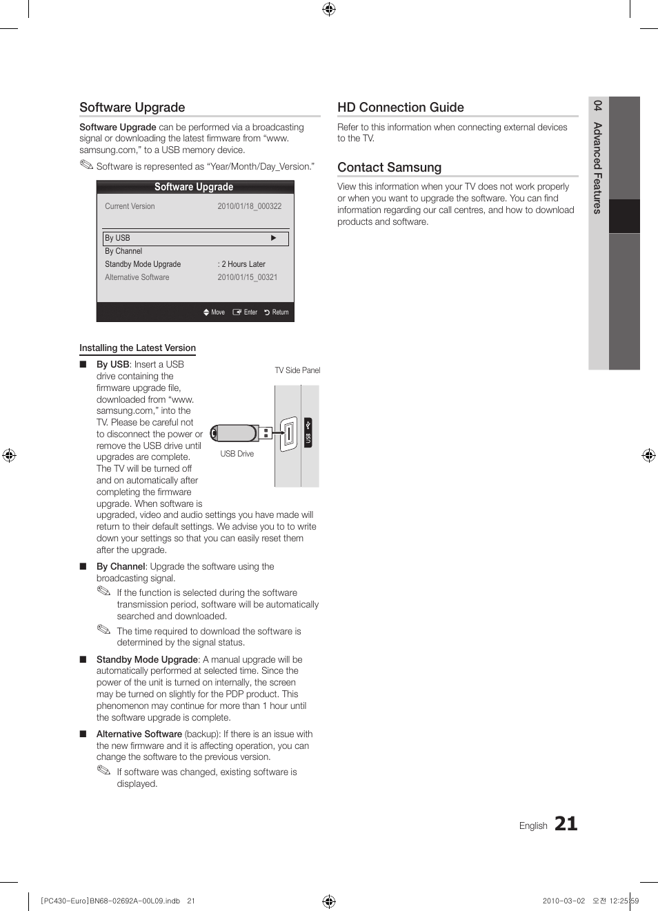 Software upgrade, Hd connection guide, Contact samsung | Samsung PS50C430A1W User Manual | Page 21 / 361