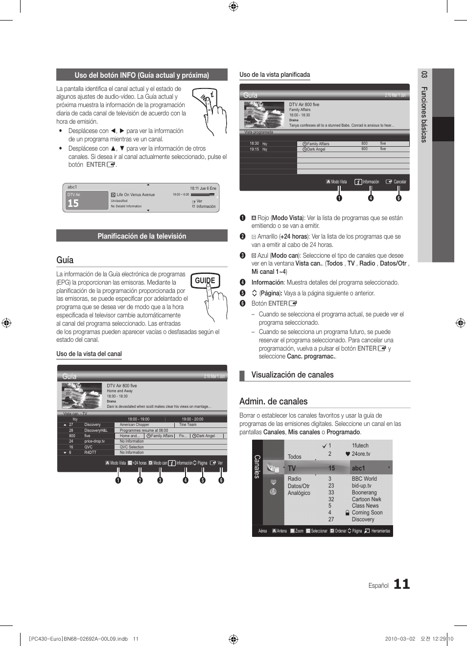 Guía, Admin. de canales, Visualización de canales | Guide, Planificación de la televisión, Canales | Samsung PS50C430A1W User Manual | Page 211 / 361