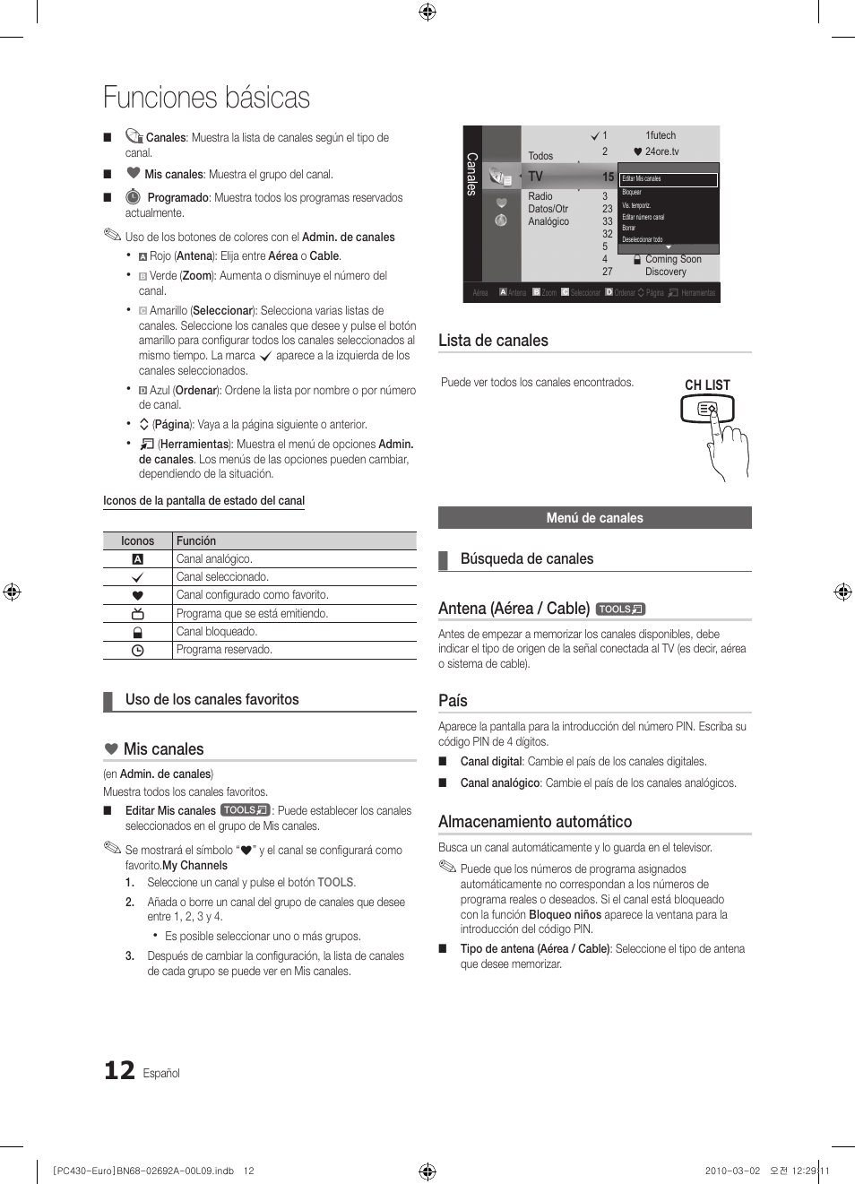 Funciones básicas, Mis canales, Lista de canales | Antena (aérea / cable), País, Almacenamiento automático | Samsung PS50C430A1W User Manual | Page 212 / 361