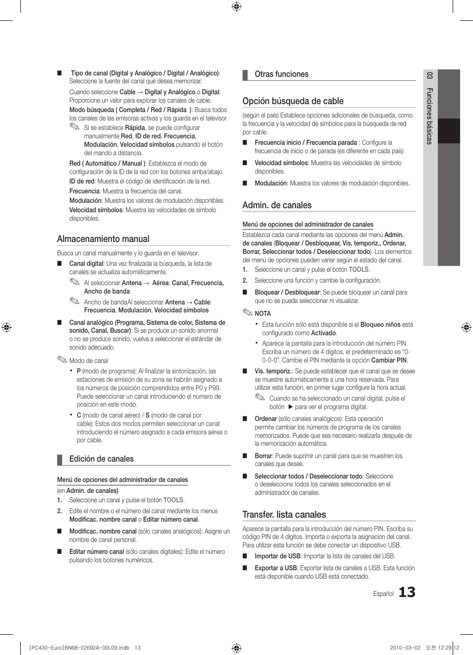 Almacenamiento manual, Opción búsqueda de cable, Admin. de canales | Transfer. lista canales | Samsung PS50C430A1W User Manual | Page 213 / 361