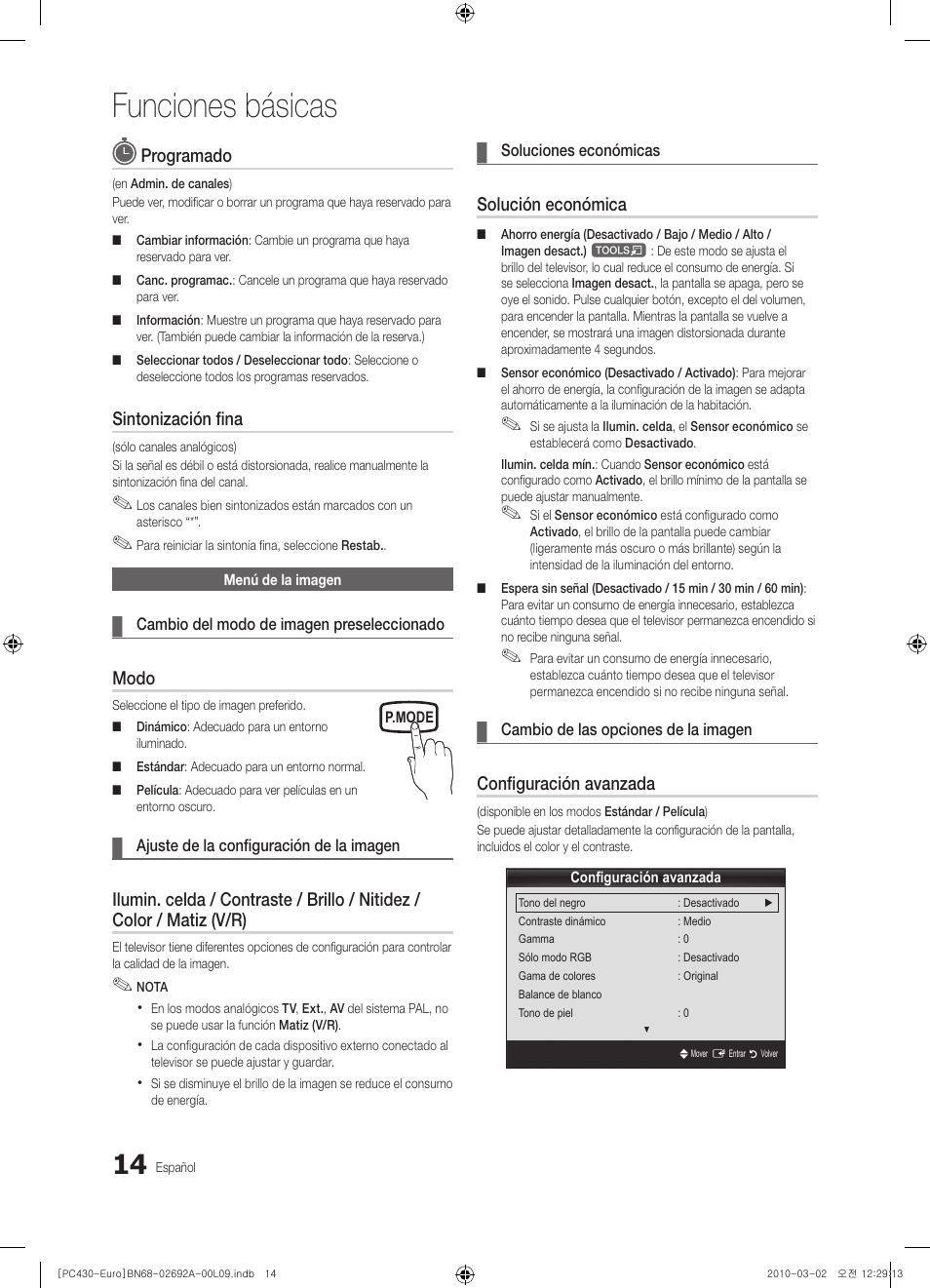 Funciones básicas, Programado, Sintonización fina | Modo, Solución económica, Configuración avanzada | Samsung PS50C430A1W User Manual | Page 214 / 361