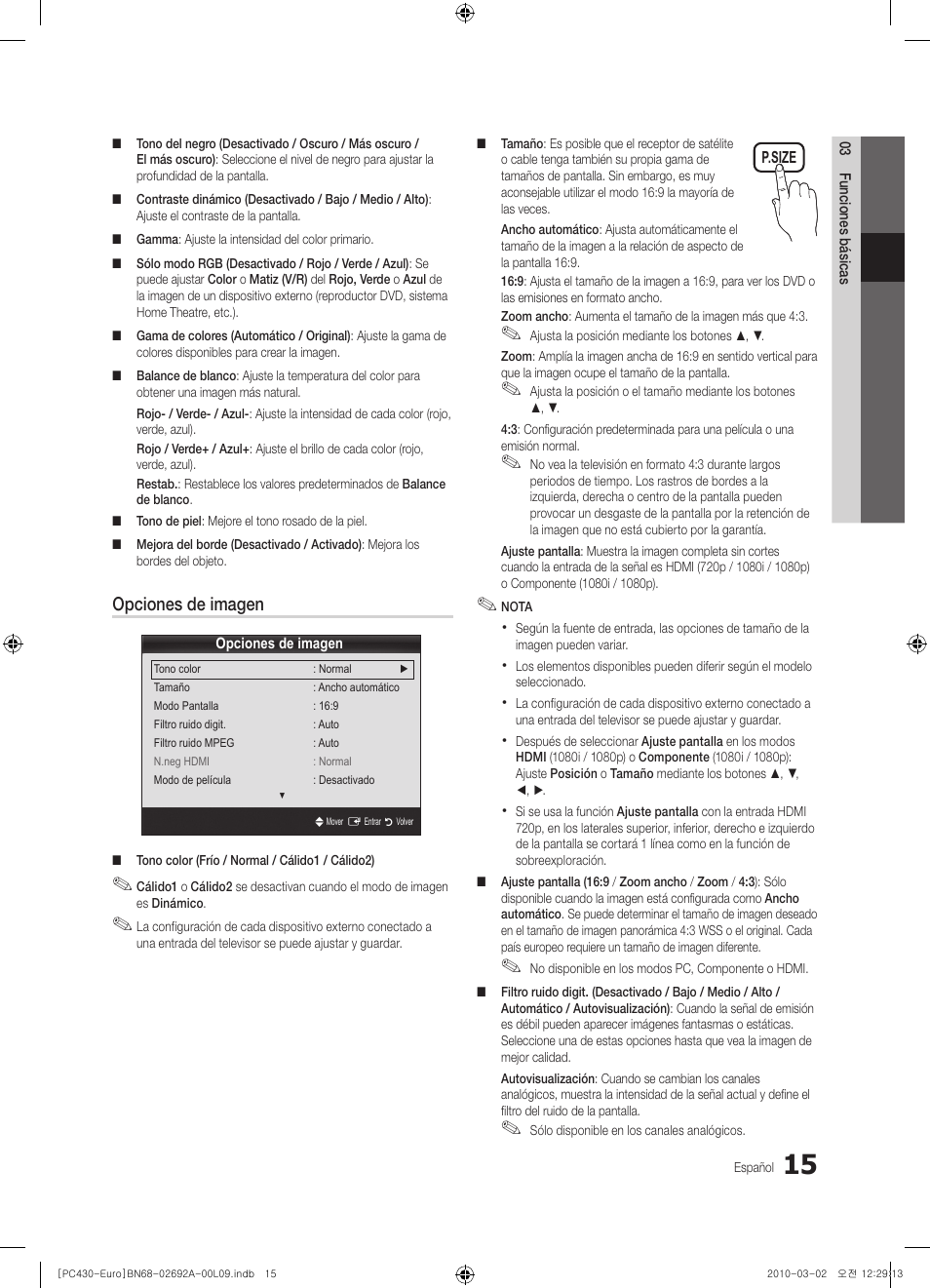 Opciones de imagen | Samsung PS50C430A1W User Manual | Page 215 / 361