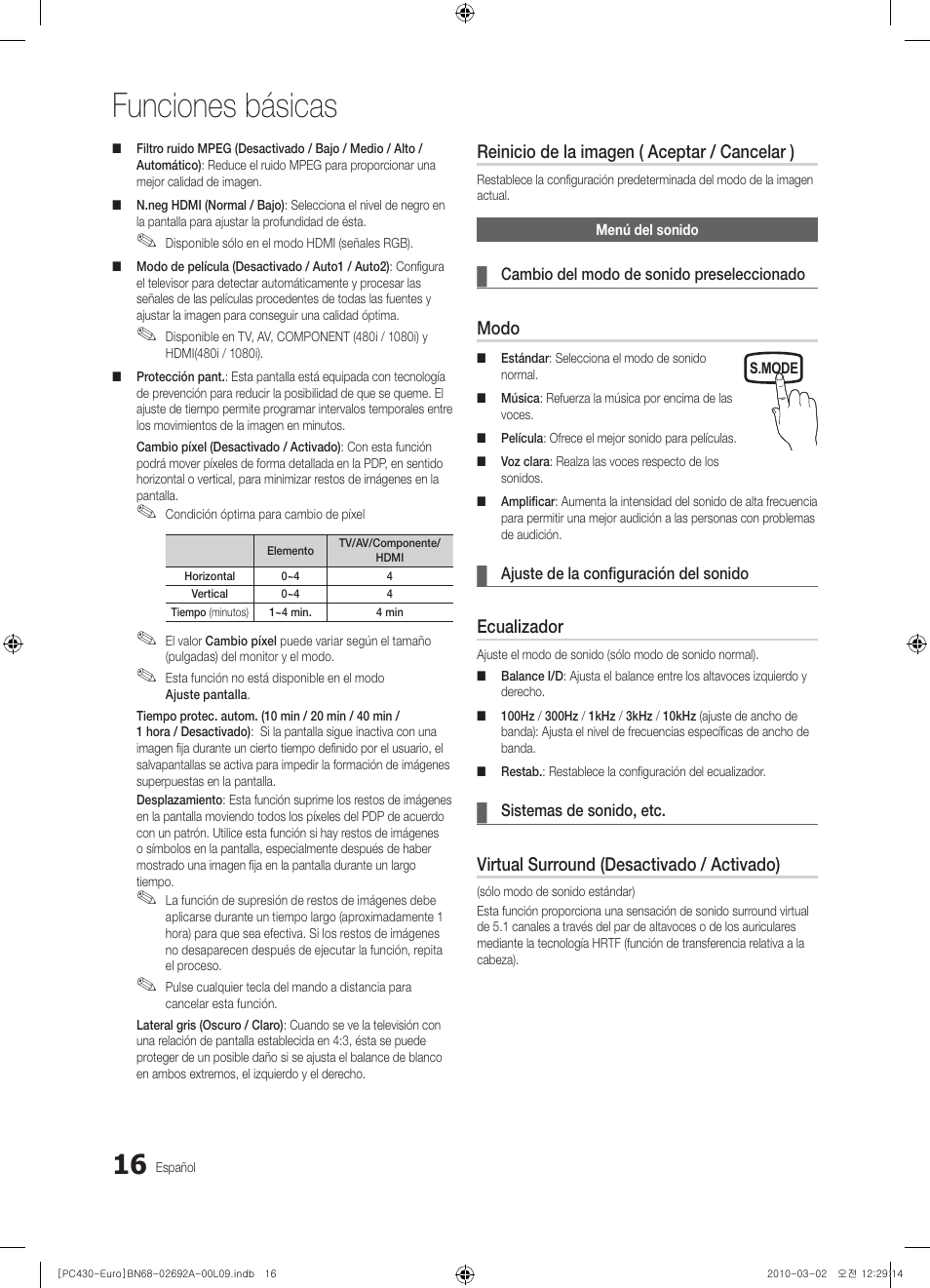 Funciones básicas, Reinicio de la imagen ( aceptar / cancelar ), Modo | Ecualizador, Virtual surround (desactivado / activado) | Samsung PS50C430A1W User Manual | Page 216 / 361