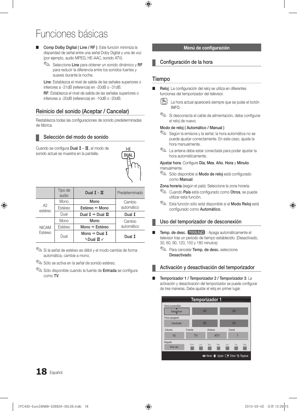 Funciones básicas, Reinicio del sonido (aceptar / cancelar), Tiempo | Samsung PS50C430A1W User Manual | Page 218 / 361