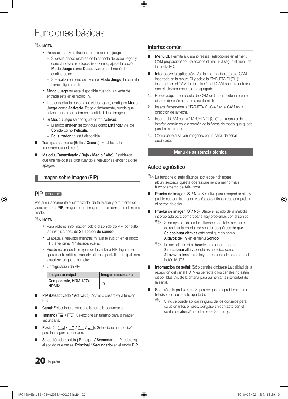 Funciones básicas, Interfaz común, Autodiagnóstico | Samsung PS50C430A1W User Manual | Page 220 / 361