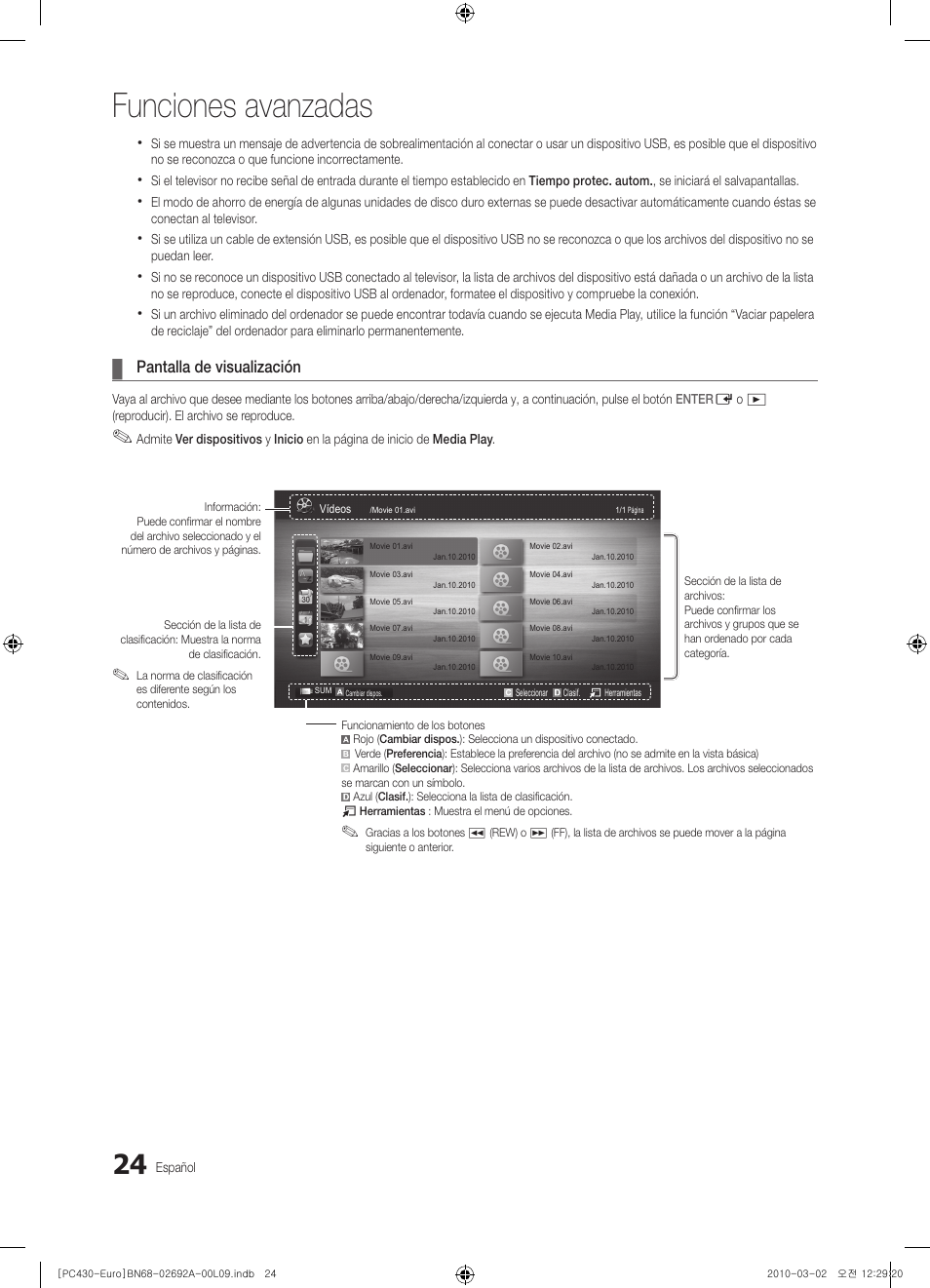 Funciones avanzadas, Pantalla de visualización | Samsung PS50C430A1W User Manual | Page 224 / 361