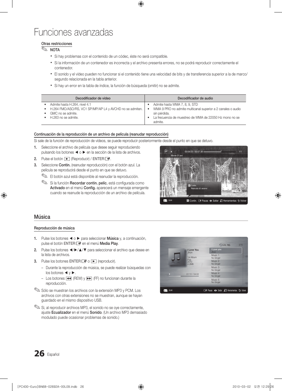 Funciones avanzadas, Música | Samsung PS50C430A1W User Manual | Page 226 / 361