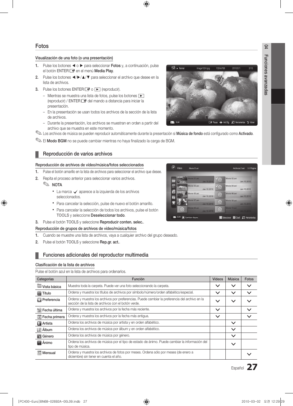 Fotos, Reproducción de varios archivos, Funciones adicionales del reproductor multimedia | Samsung PS50C430A1W User Manual | Page 227 / 361