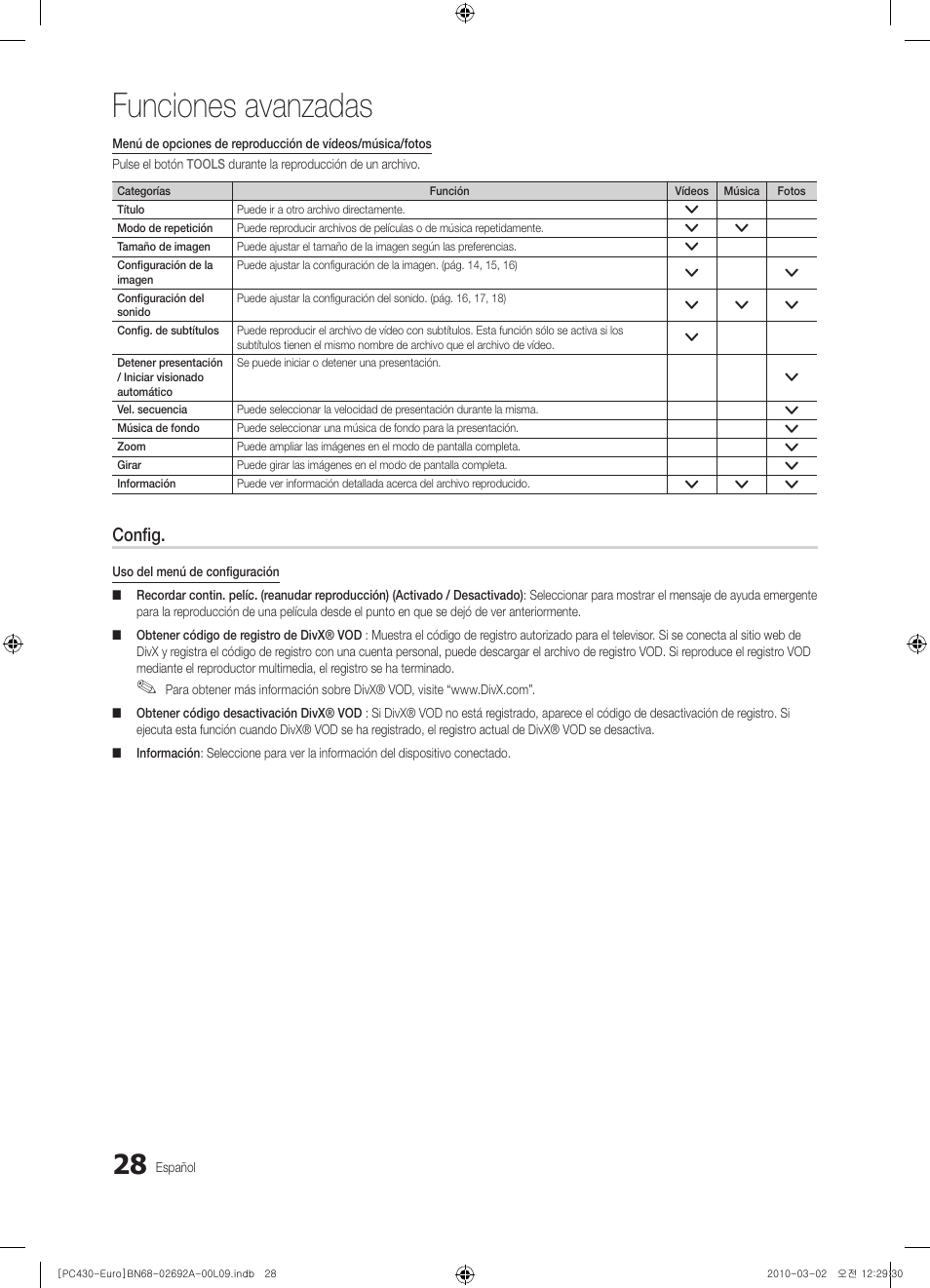 Funciones avanzadas, Config | Samsung PS50C430A1W User Manual | Page 228 / 361