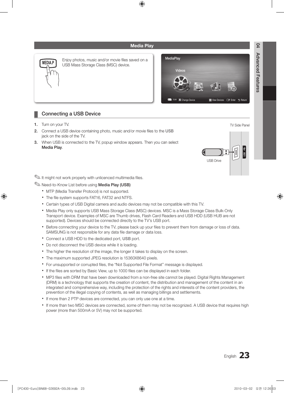 Media play | Samsung PS50C430A1W User Manual | Page 23 / 361