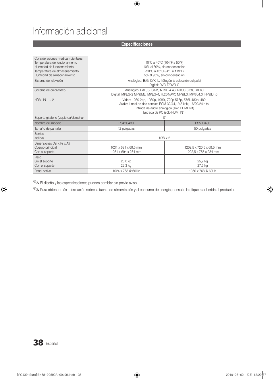 Información adicional | Samsung PS50C430A1W User Manual | Page 238 / 361