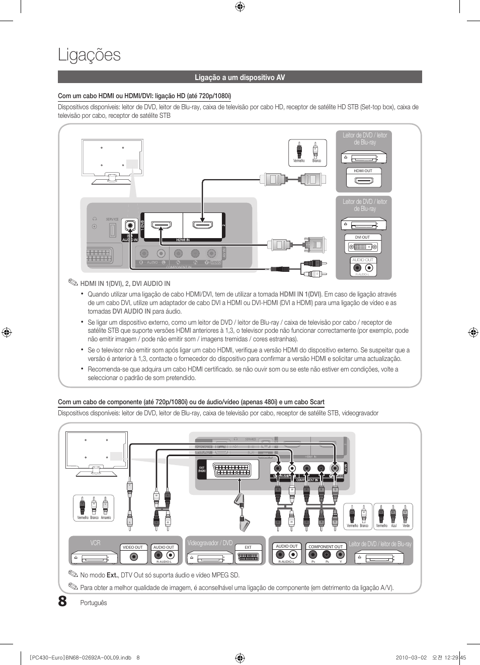 Ligações, Ligação a um dispositivo av | Samsung PS50C430A1W User Manual | Page 248 / 361