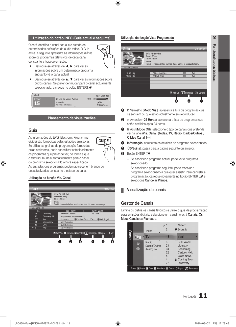 Guia, Gestor de canais, Visualização de canais | Guide, Planeamento de visualizações, Canais | Samsung PS50C430A1W User Manual | Page 251 / 361