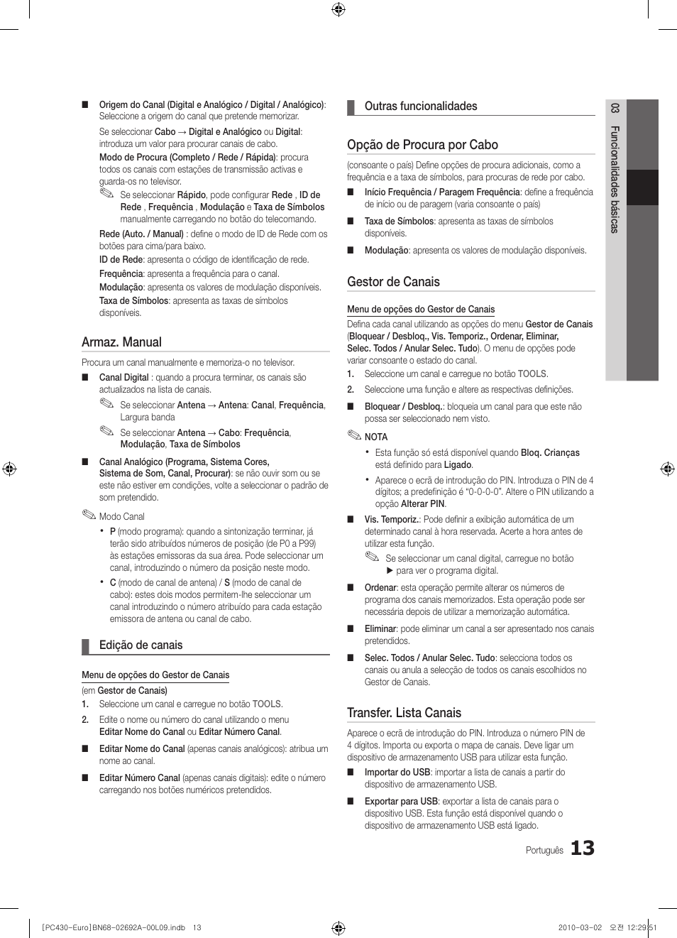 Armaz. manual, Opção de procura por cabo, Gestor de canais | Transfer. lista canais | Samsung PS50C430A1W User Manual | Page 253 / 361