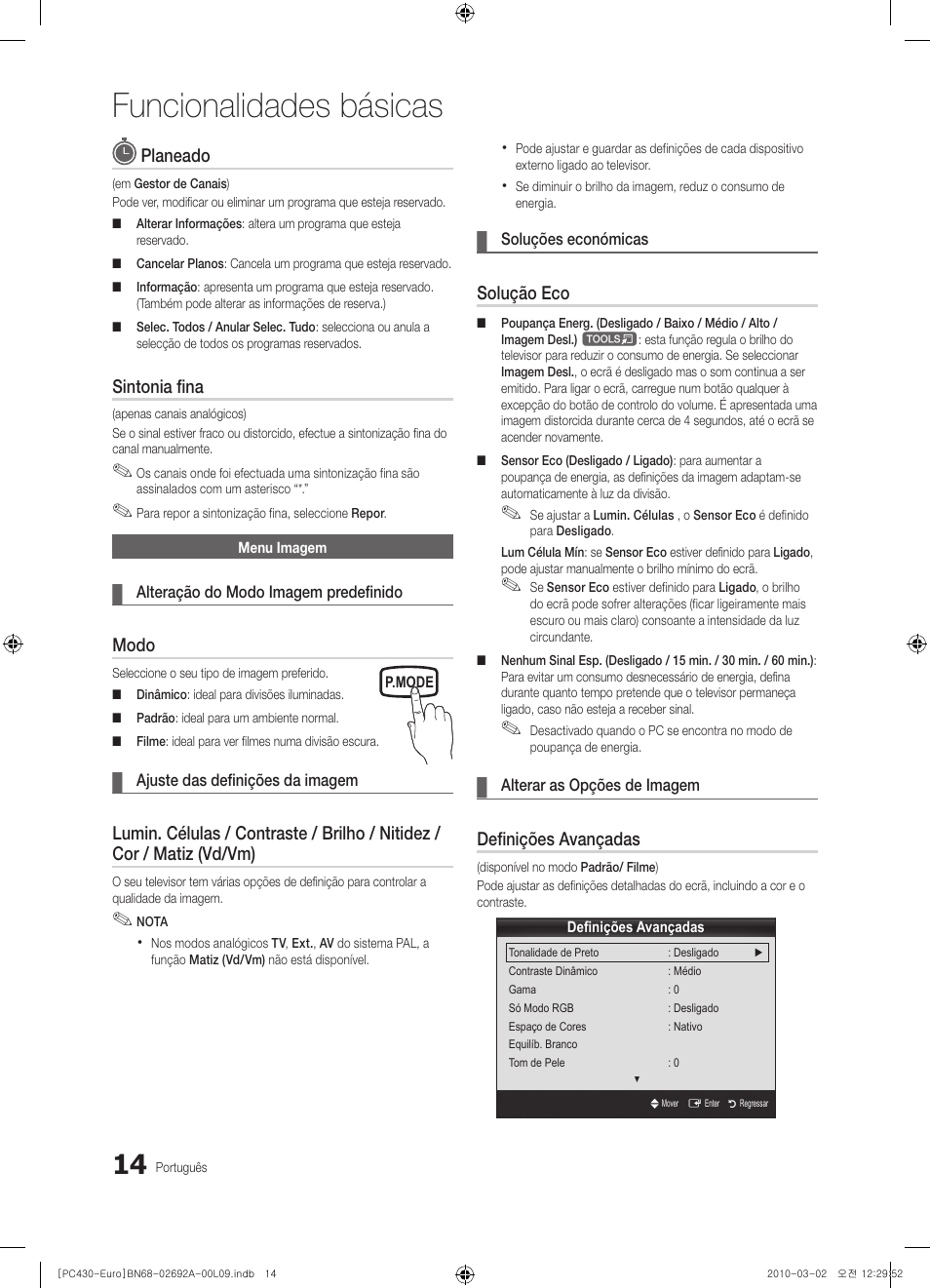 Funcionalidades básicas, Planeado, Sintonia fina | Modo, Solução eco, Definições avançadas | Samsung PS50C430A1W User Manual | Page 254 / 361