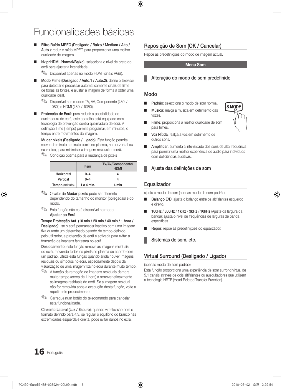 Funcionalidades básicas, Reposição de som (ok / cancelar), Modo | Equalizador, Virtual surround (desligado / ligado) | Samsung PS50C430A1W User Manual | Page 256 / 361