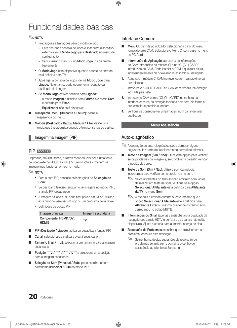 Funcionalidades básicas, Interface comum, Auto-diagnóstico | Samsung PS50C430A1W User Manual | Page 260 / 361