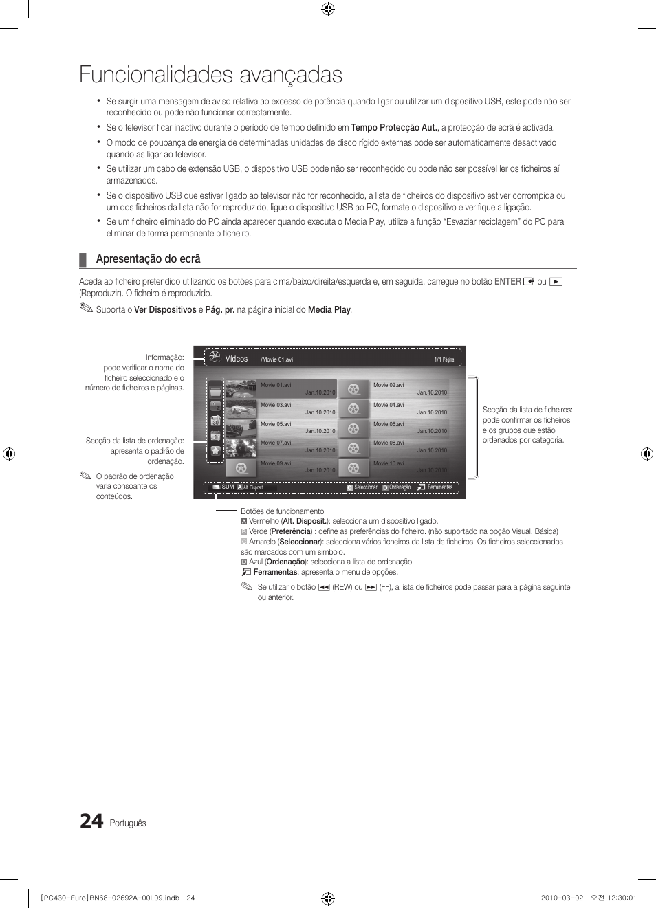 Funcionalidades avançadas, Apresentação do ecrã | Samsung PS50C430A1W User Manual | Page 264 / 361