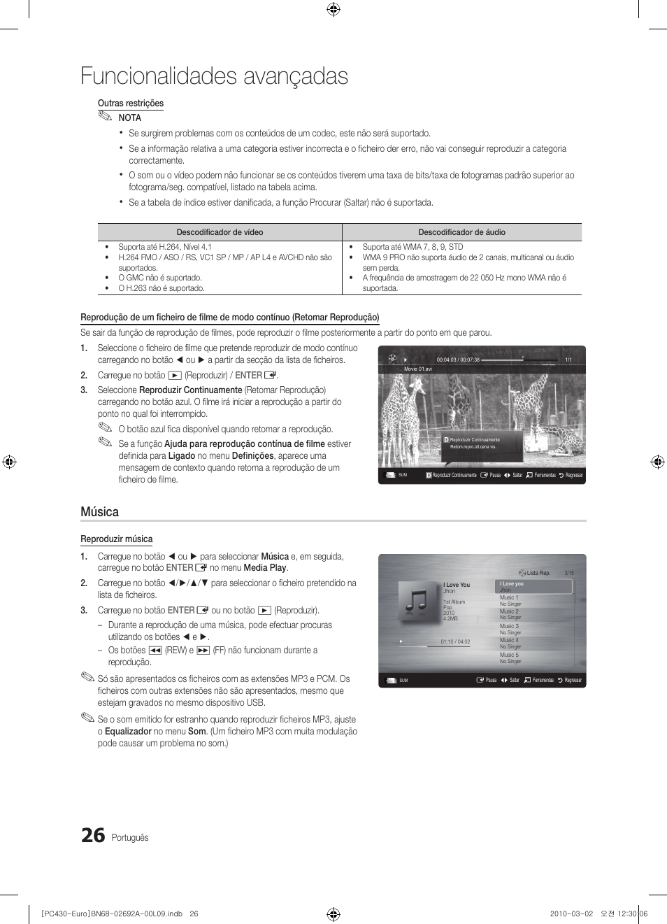 Funcionalidades avançadas, Música | Samsung PS50C430A1W User Manual | Page 266 / 361