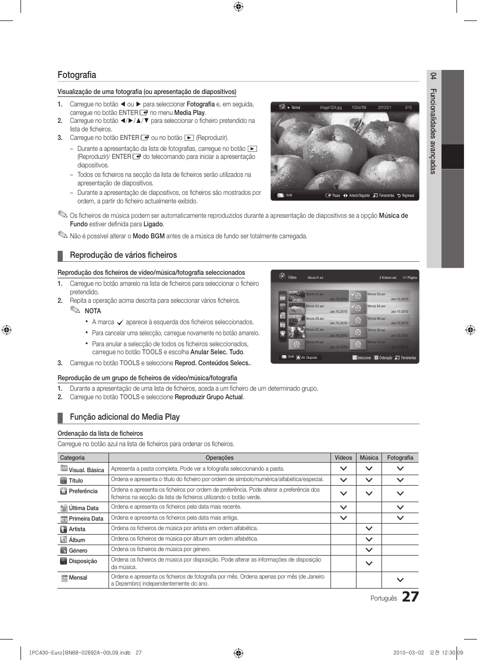 Fotografia, Reprodução de vários ficheiros, Função adicional do media play | Samsung PS50C430A1W User Manual | Page 267 / 361