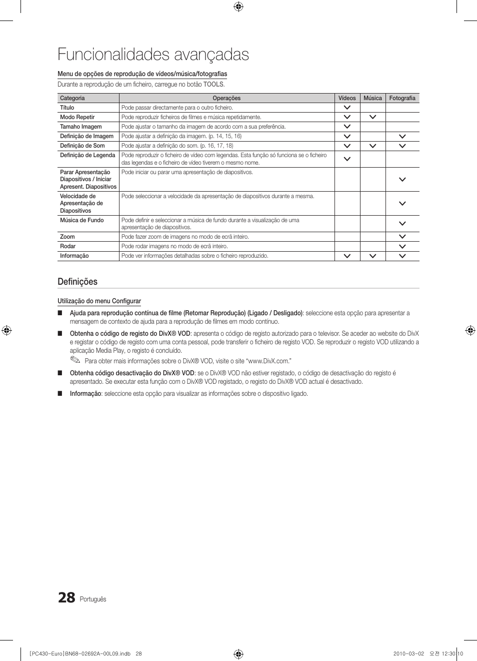 Funcionalidades avançadas, Definições | Samsung PS50C430A1W User Manual | Page 268 / 361