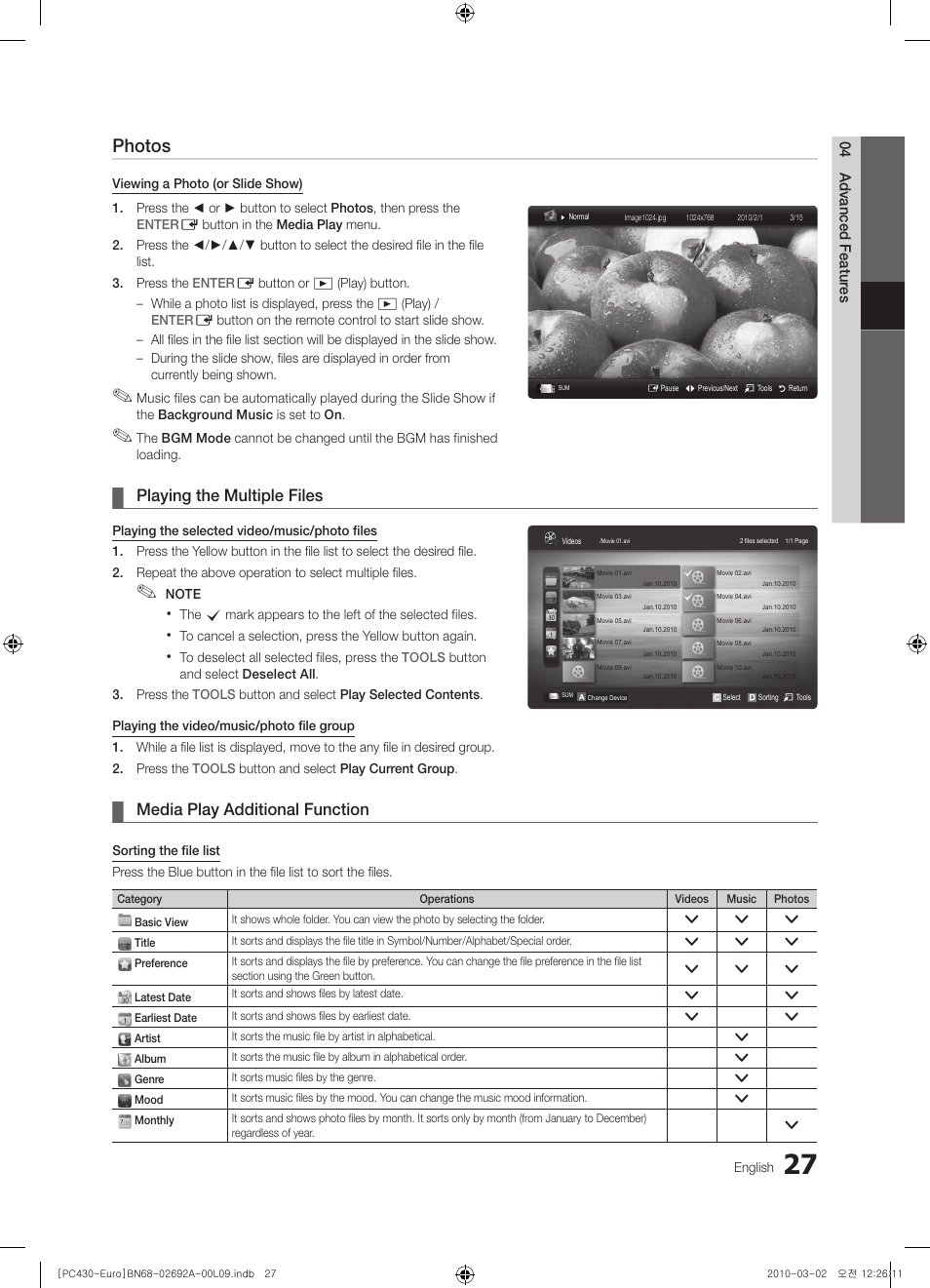 Photos, Playing the multiple files, Media play additional function | Samsung PS50C430A1W User Manual | Page 27 / 361