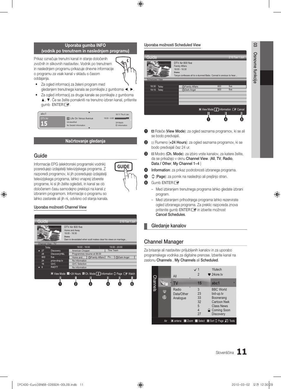 Guide, Channel manager, Gledanje kanalov | Načrtovanje gledanja, Channels | Samsung PS50C430A1W User Manual | Page 291 / 361