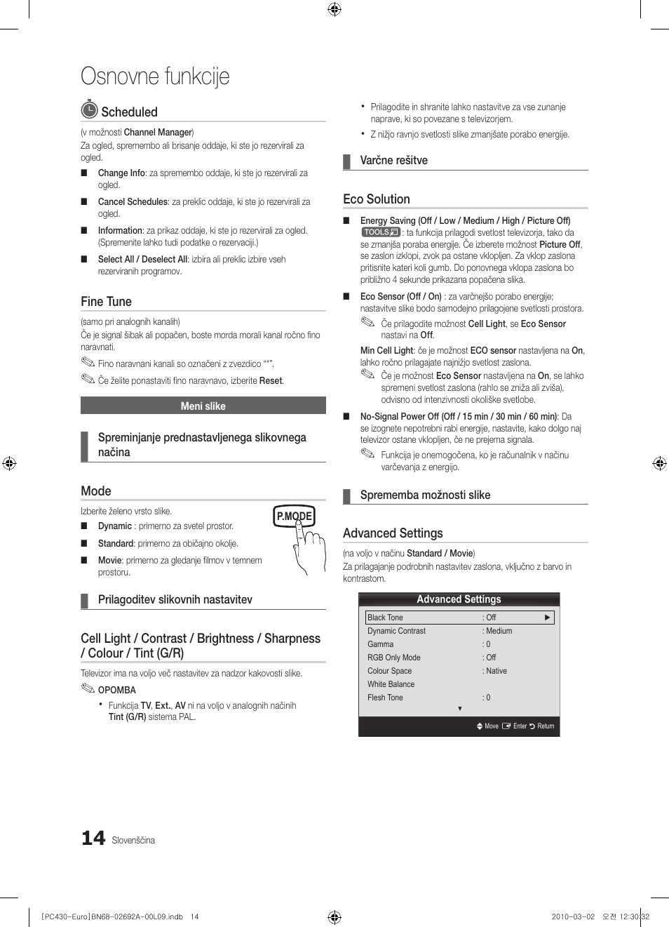 Osnovne funkcije, Scheduled, Fine tune | Mode, Eco solution, Advanced settings | Samsung PS50C430A1W User Manual | Page 294 / 361