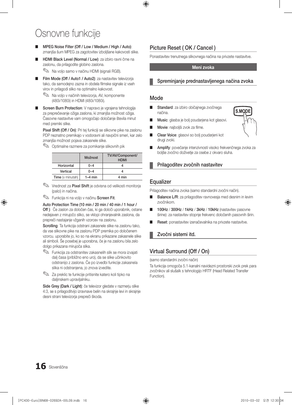 Osnovne funkcije, Picture reset ( ok / cancel ), Mode | Equalizer, Virtual surround (off / on) | Samsung PS50C430A1W User Manual | Page 296 / 361