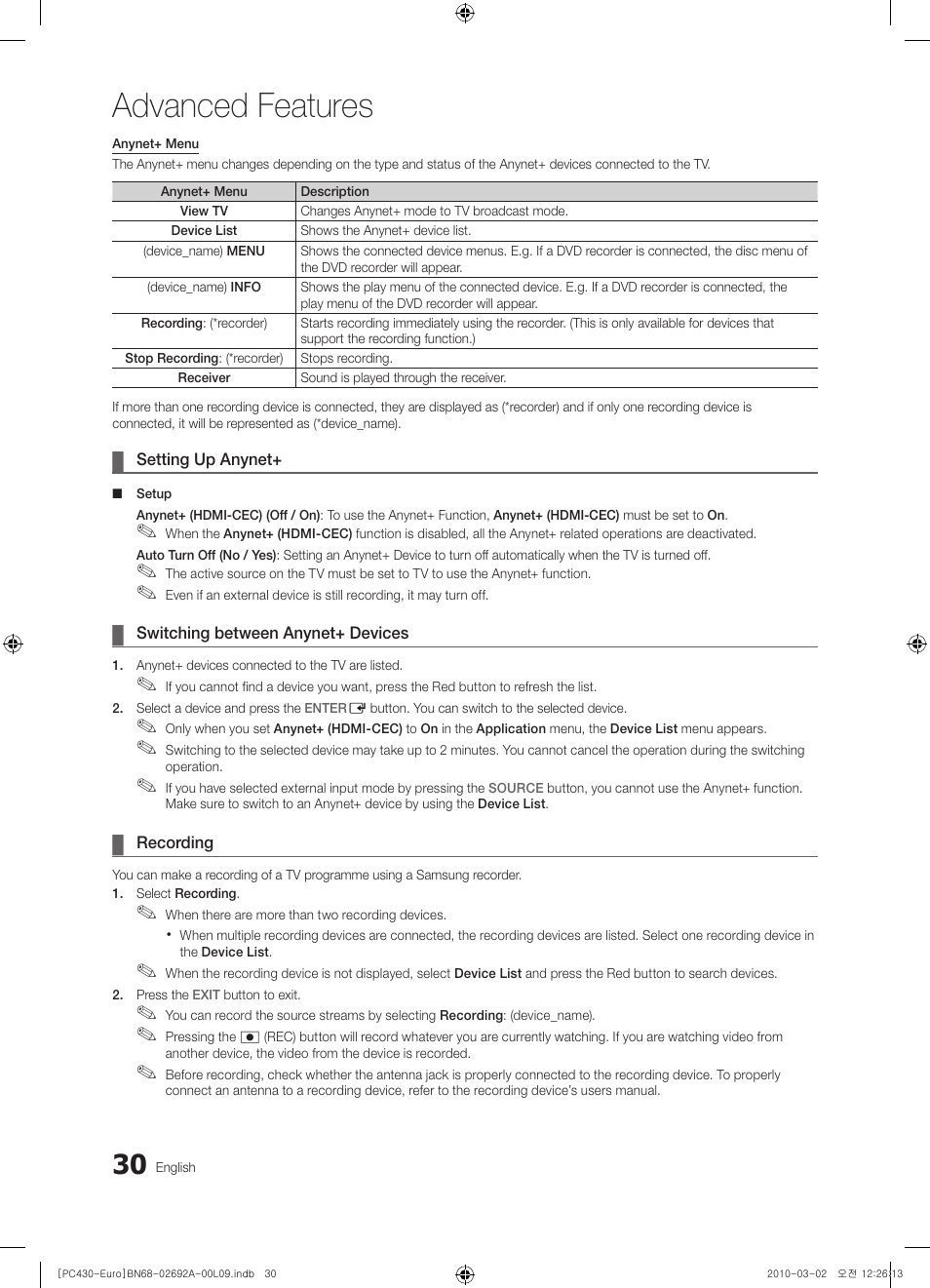 Advanced features | Samsung PS50C430A1W User Manual | Page 30 / 361