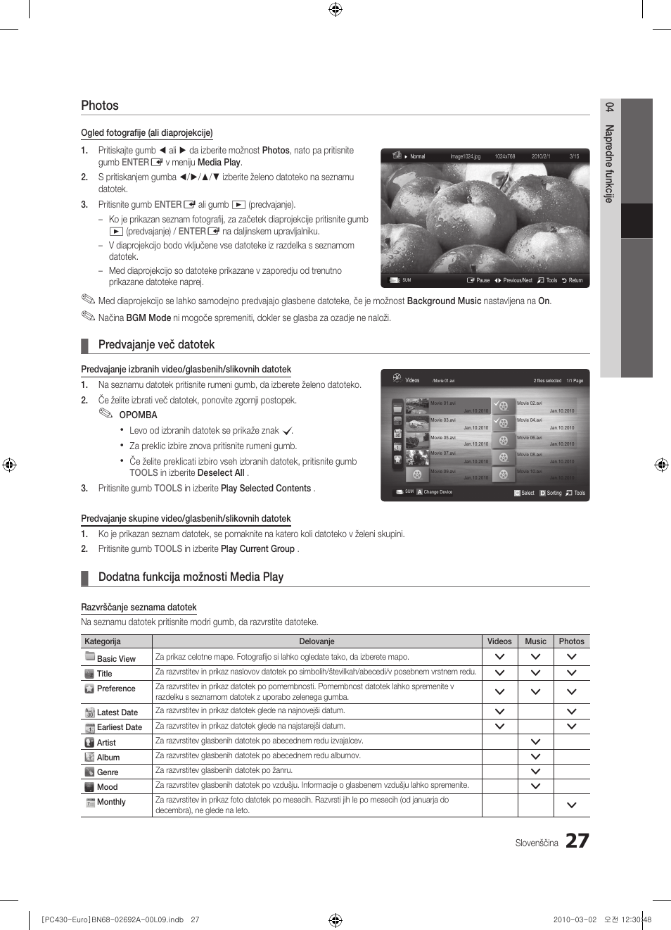 Photos, Predvajanje več datotek, Dodatna funkcija možnosti media play | Samsung PS50C430A1W User Manual | Page 307 / 361