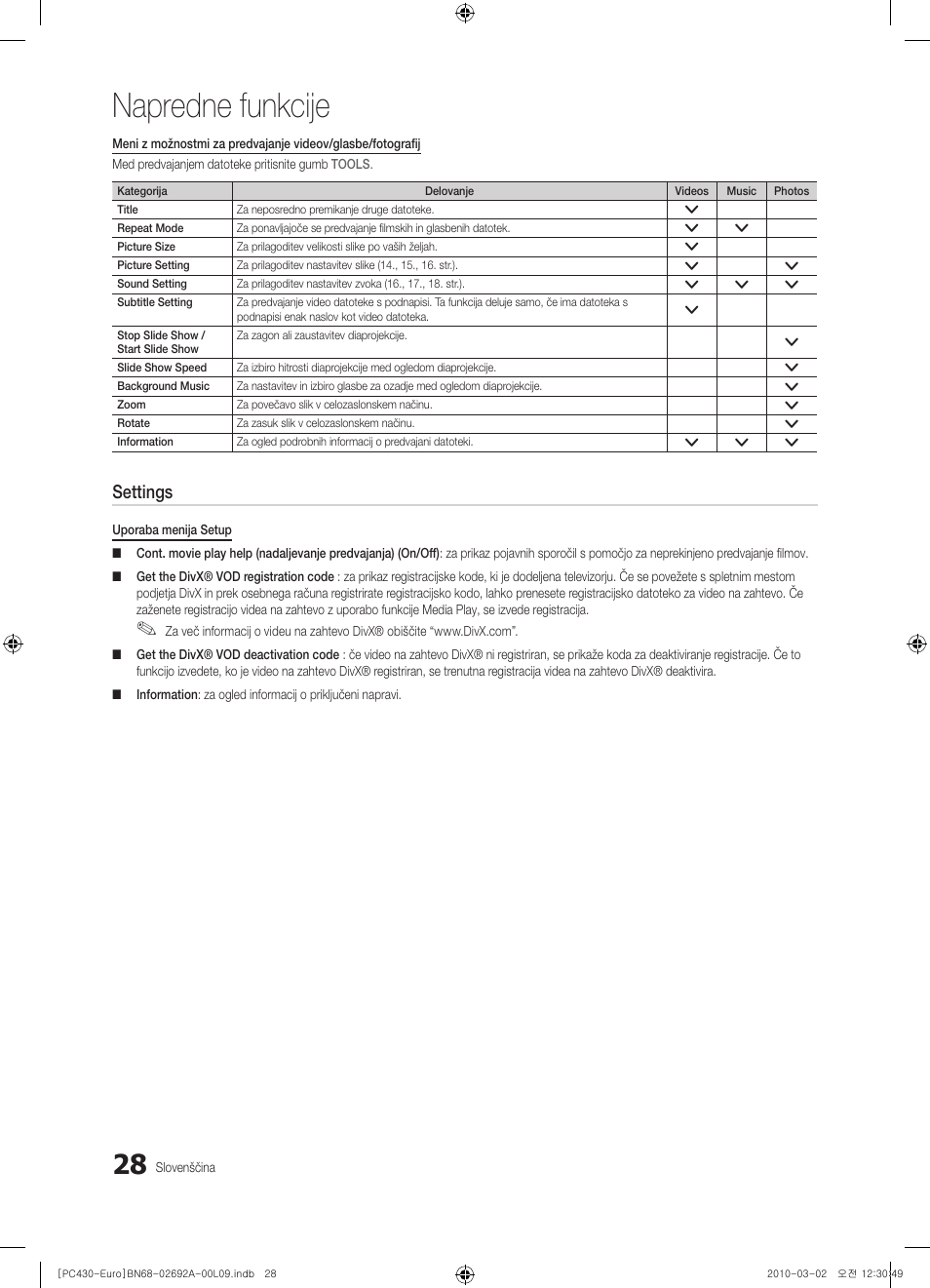 Napredne funkcije, Settings | Samsung PS50C430A1W User Manual | Page 308 / 361