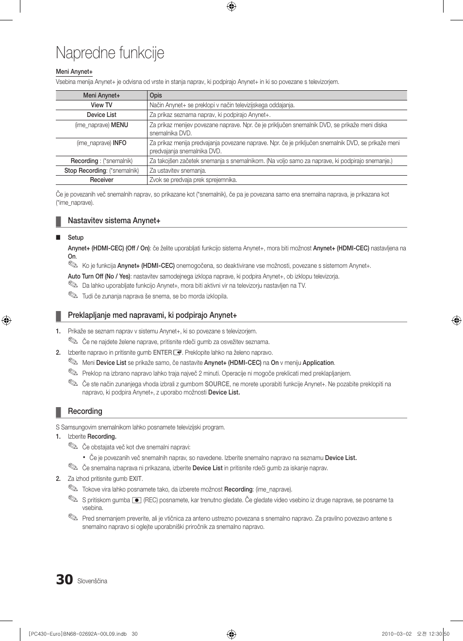 Napredne funkcije | Samsung PS50C430A1W User Manual | Page 310 / 361