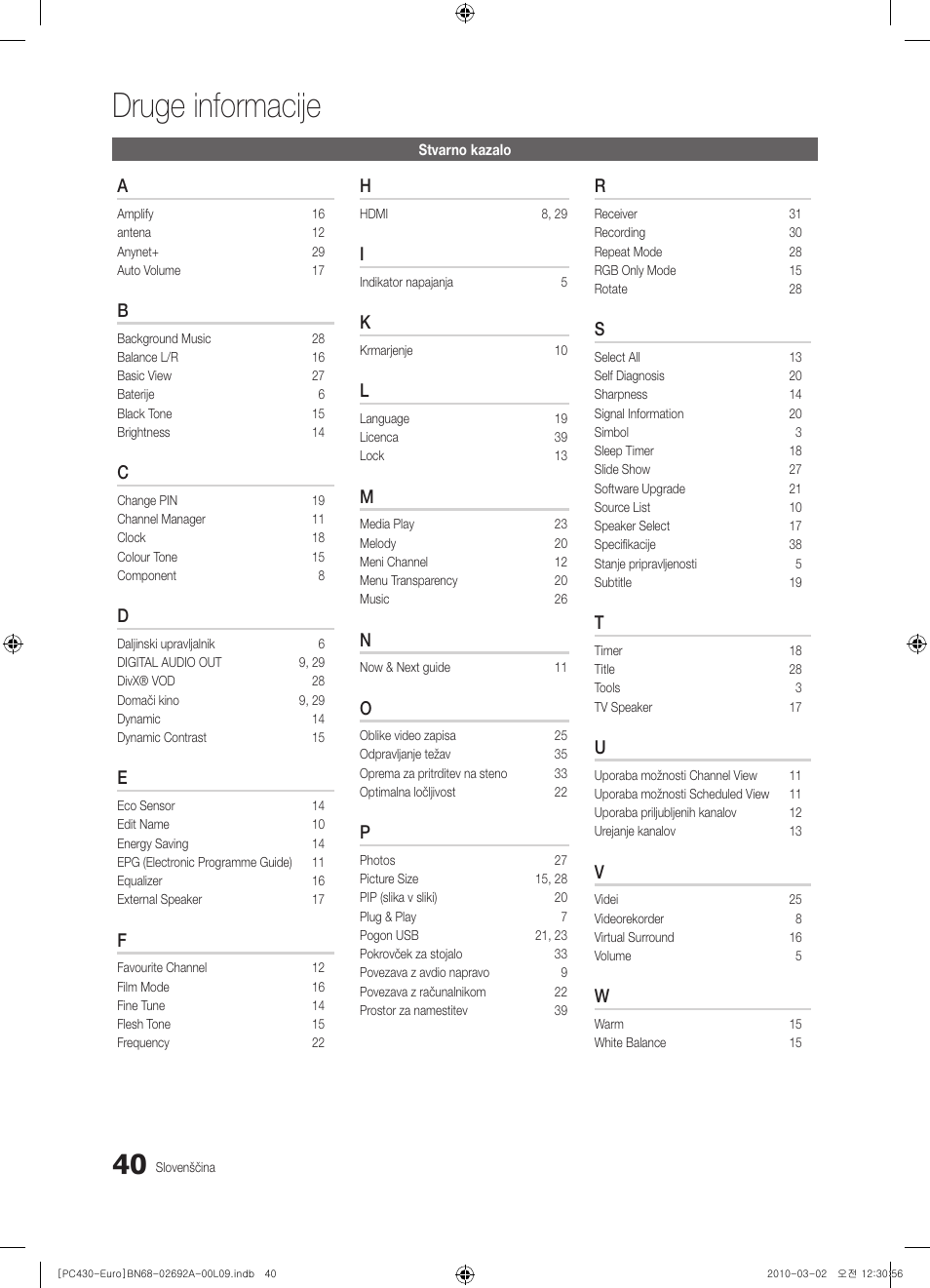 Druge informacije | Samsung PS50C430A1W User Manual | Page 320 / 361