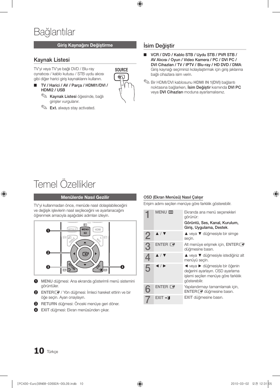 Bağlantılar temel özellikler, Kaynak listesi, Isim değiştir | Samsung PS50C430A1W User Manual | Page 330 / 361