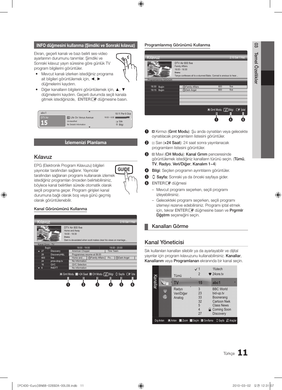 Kılavuz, Kanal yöneticisi, Kanalları görme | Guide, Izlemenizi planlama, Kanallar | Samsung PS50C430A1W User Manual | Page 331 / 361