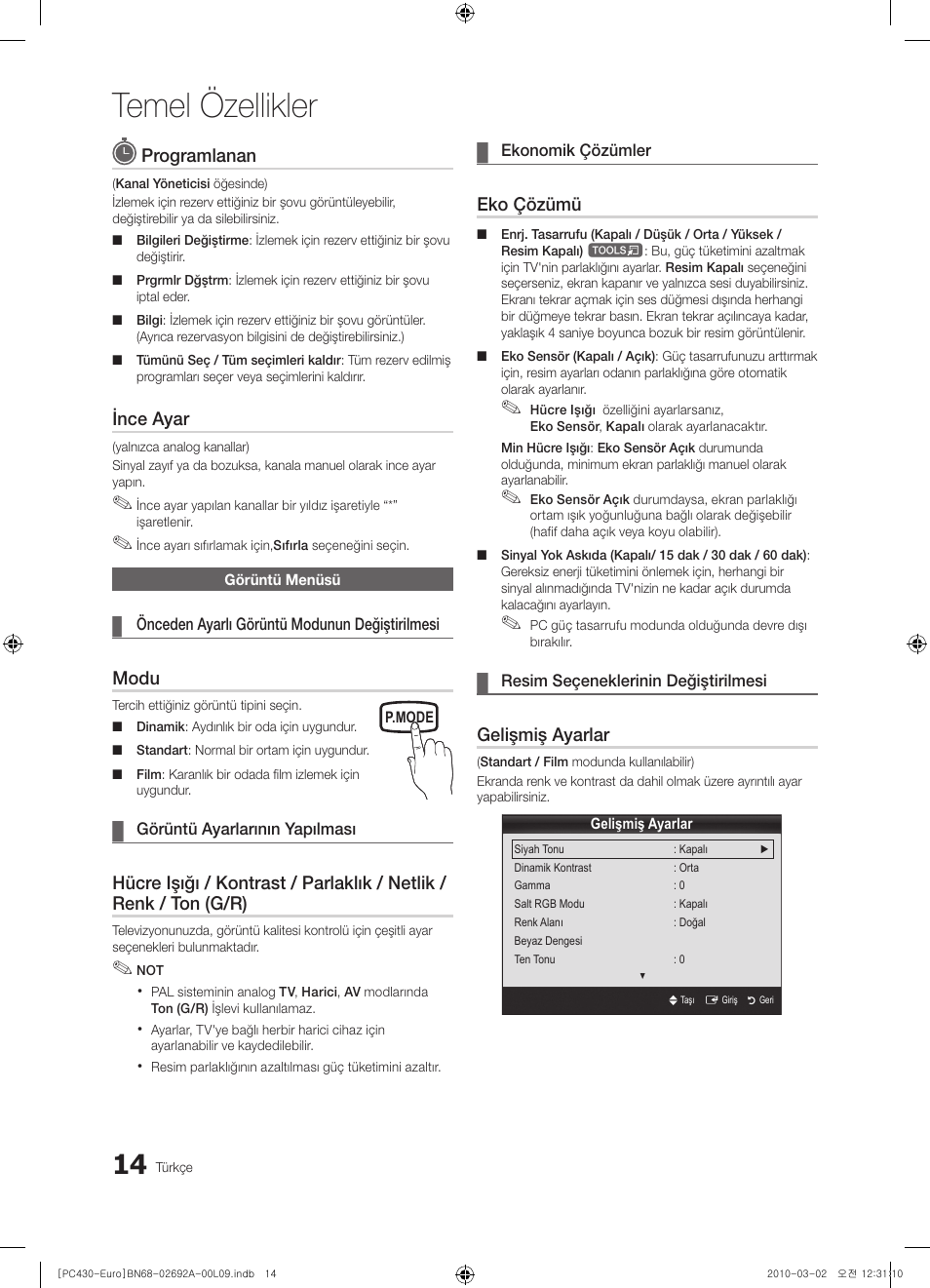 Temel özellikler, Programlanan, Ince ayar | Modu, Eko çözümü, Gelişmiş ayarlar | Samsung PS50C430A1W User Manual | Page 334 / 361