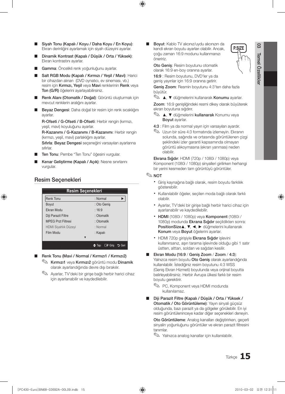 Resim seçenekleri | Samsung PS50C430A1W User Manual | Page 335 / 361