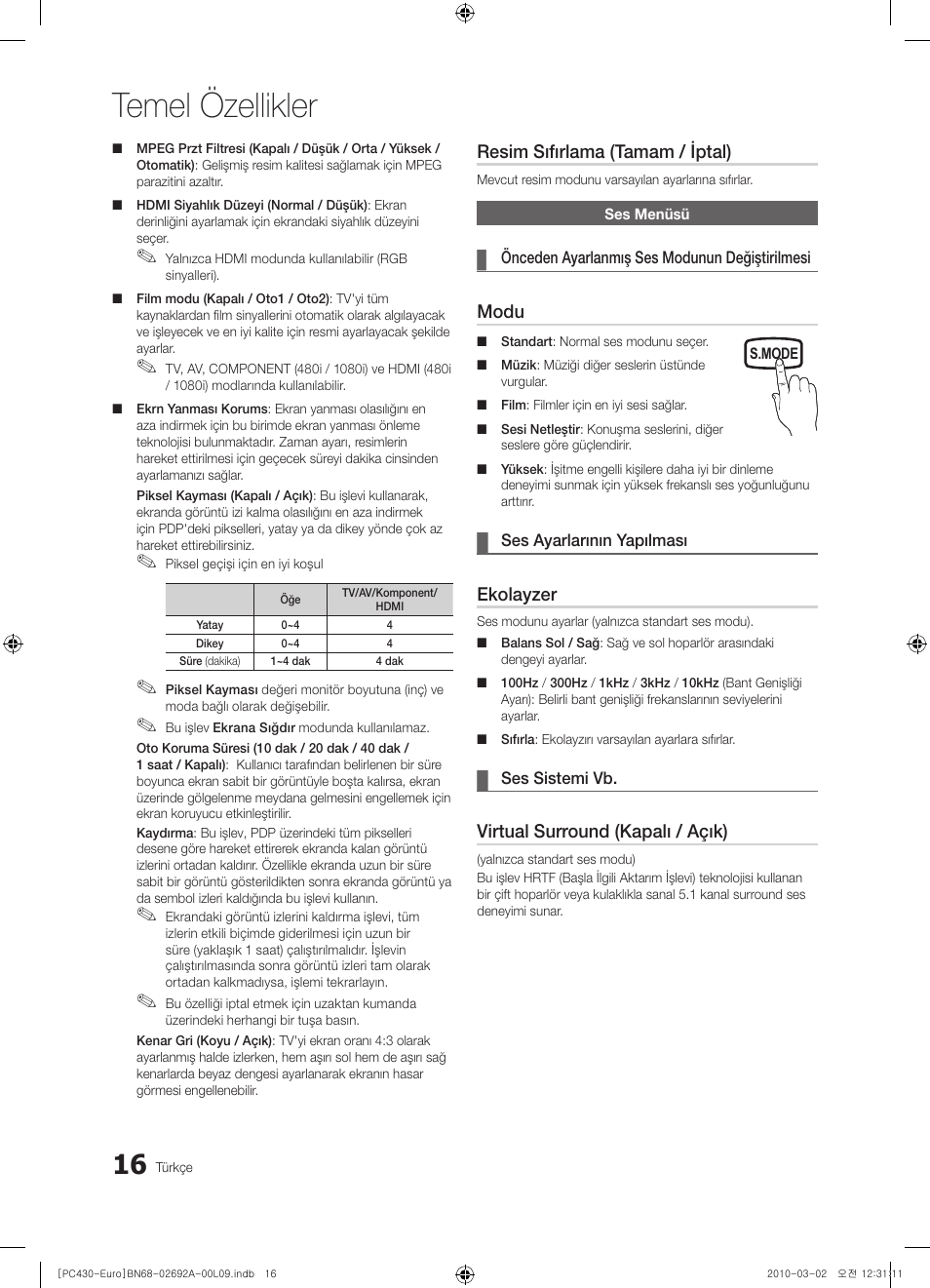 Temel özellikler, Resim sıfırlama (tamam / iptal), Modu | Ekolayzer, Virtual surround (kapalı / açık) | Samsung PS50C430A1W User Manual | Page 336 / 361