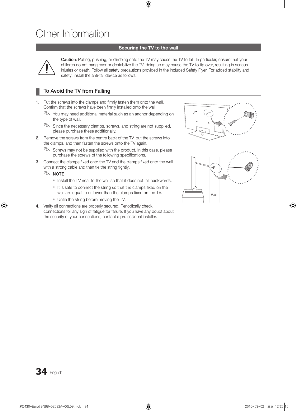 Securing the tv to the wall, Other information | Samsung PS50C430A1W User Manual | Page 34 / 361