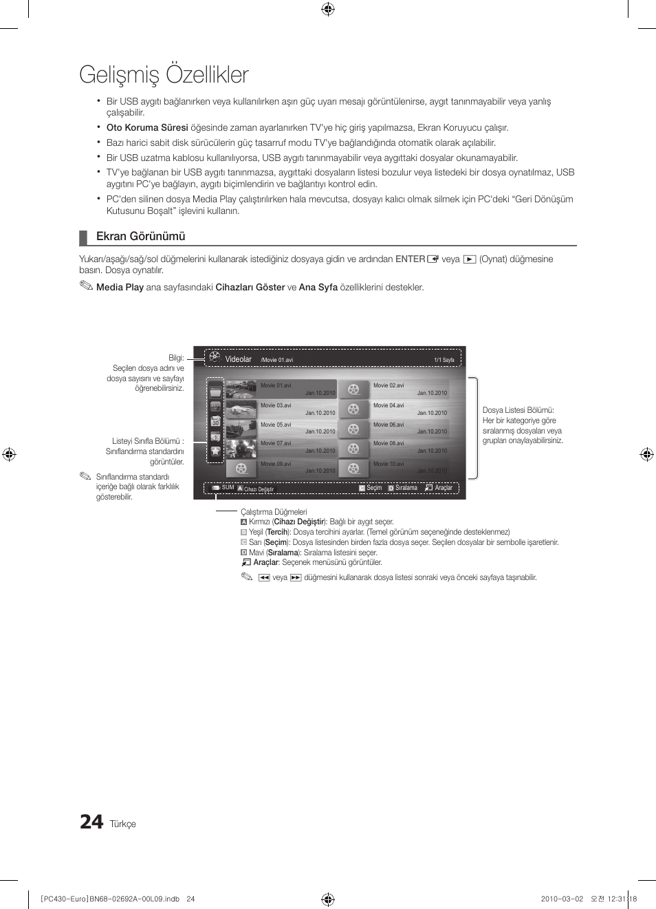 Gelişmiş özellikler, Ekran görünümü | Samsung PS50C430A1W User Manual | Page 344 / 361