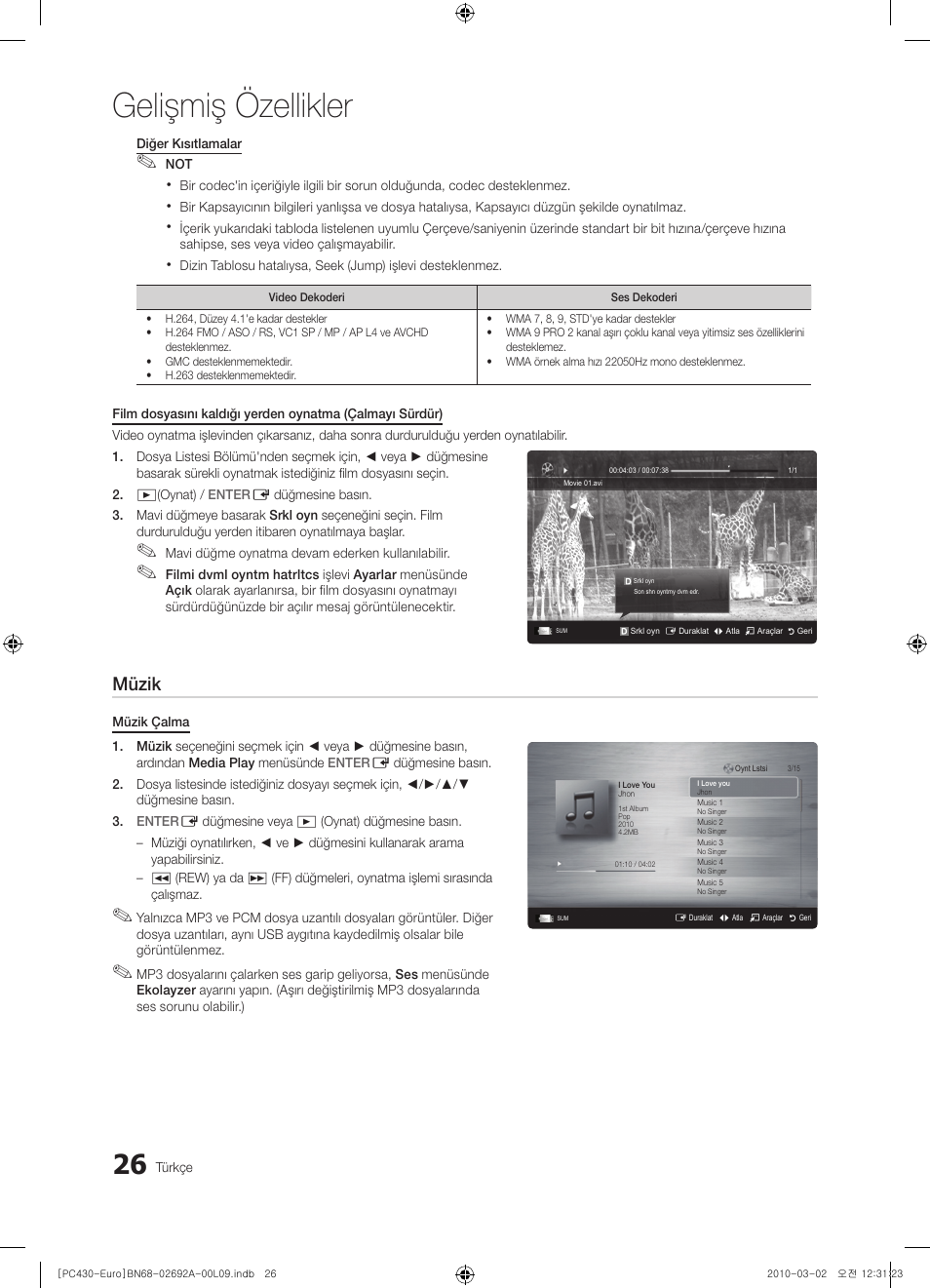 Gelişmiş özellikler, Müzik | Samsung PS50C430A1W User Manual | Page 346 / 361