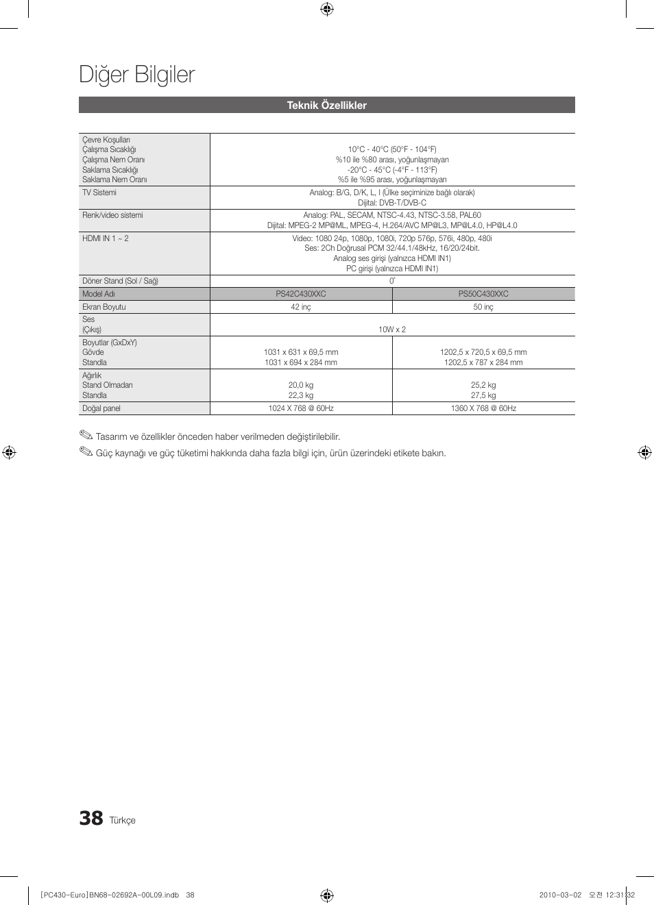 Diğer bilgiler | Samsung PS50C430A1W User Manual | Page 358 / 361