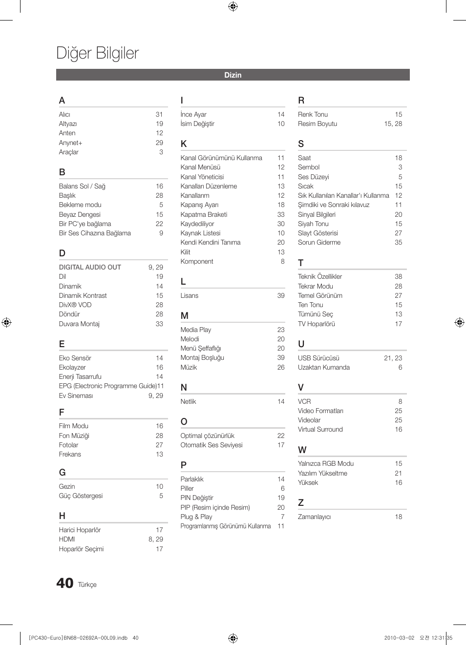 Diğer bilgiler | Samsung PS50C430A1W User Manual | Page 360 / 361