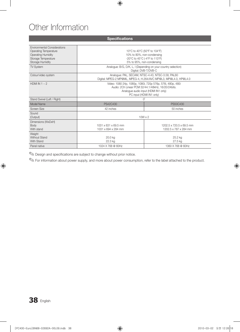 Specifications, Other information | Samsung PS50C430A1W User Manual | Page 38 / 361