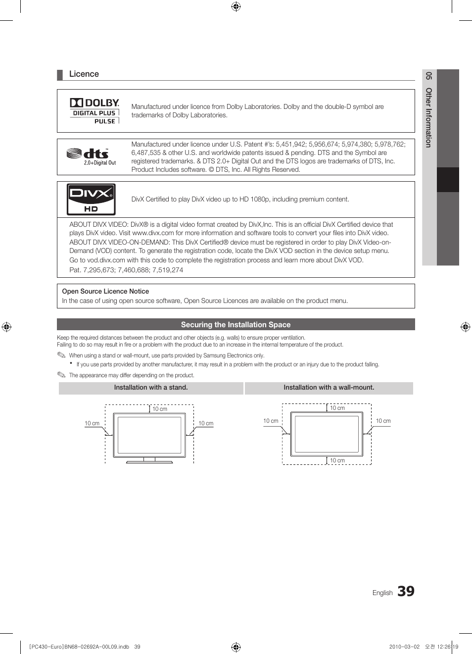 Securing the installation space | Samsung PS50C430A1W User Manual | Page 39 / 361