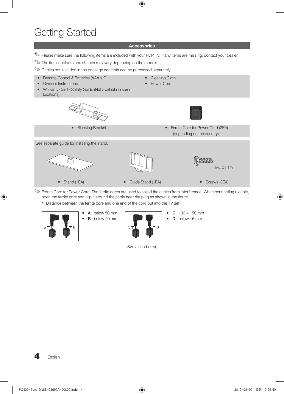 Getting started, Accessories | Samsung PS50C430A1W User Manual | Page 4 / 361