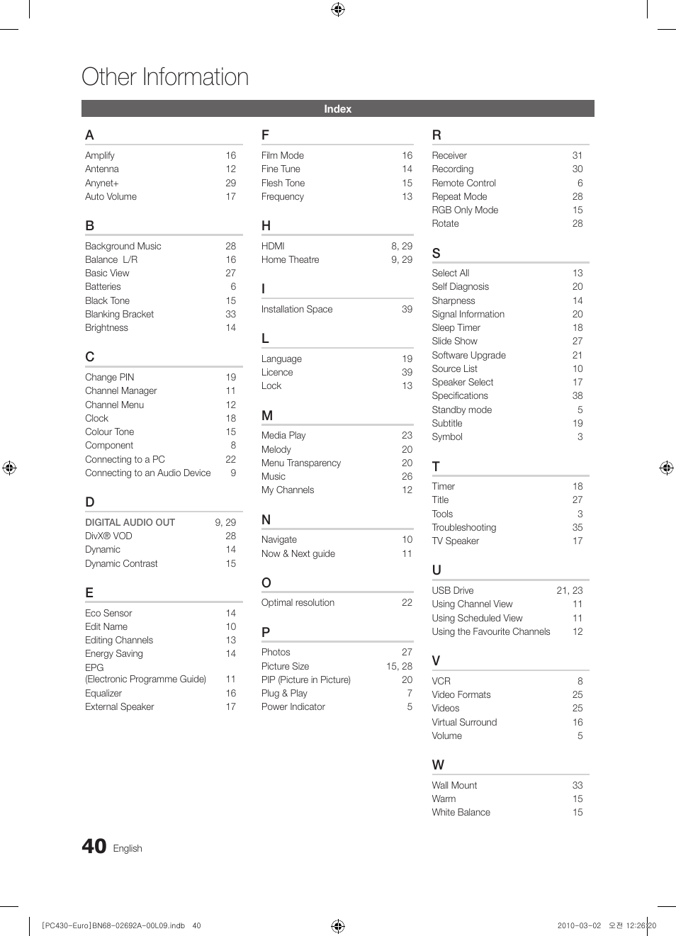 Index, Other information | Samsung PS50C430A1W User Manual | Page 40 / 361