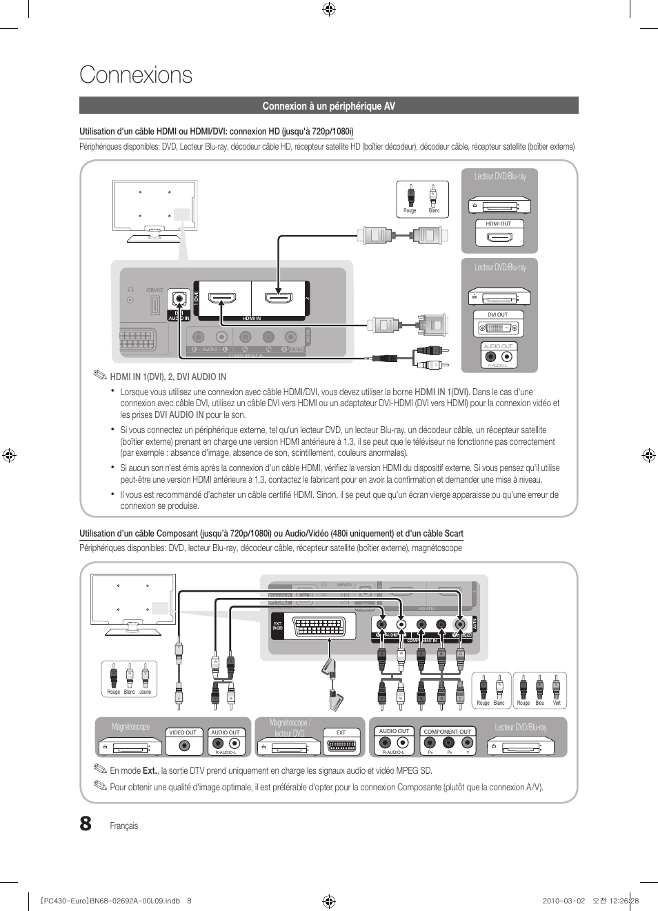 Connexions, Connexion à un périphérique av | Samsung PS50C430A1W User Manual | Page 48 / 361